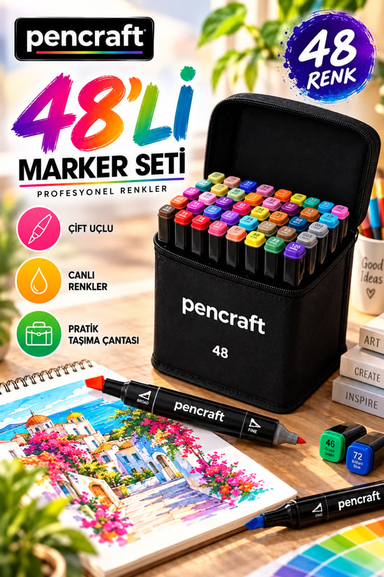 Pencraft 48’li Çift Uçlu Marker Kalem Seti Çantalı Profesyonel Boyama ve Çizim Kalemi