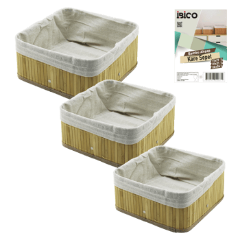 İ12-067 ( 3 Boy ) ( Kare ) ( Bambu Kenar ) Organizer Sepet ( Ahşap Altlık & Bezli ) ( 17x17 & 21x21 & 26x26cm )