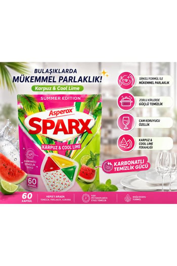 Asperox Sparx Bulaşık Makinesi Kapsülü 60’lı Summer Edition Karpuz & Cool Lime Kokulu – Karbonatlı Temizlik Gücü, Yağ Çözücü, Cam Koruma