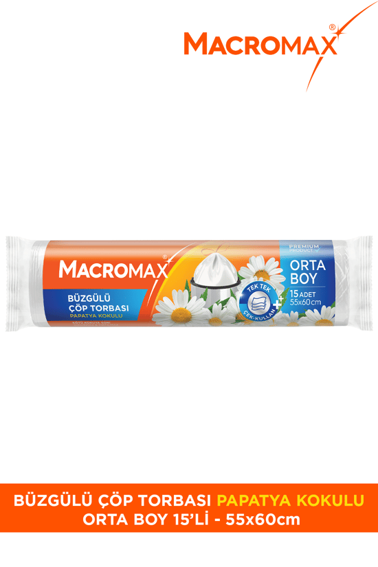 Macromax Büzgülü Çöp Torbası Orta Boy (55x60cm) Papatya Kokulu 15 Adet Süper Ekonomik Paket