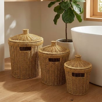 BUFFER® 3’lü İç İçe Geçebilen Büyük Plastik Rattan Hasır Sepet Seti-Dayanıklı Çok Amaçlı Ev,Banyo ve