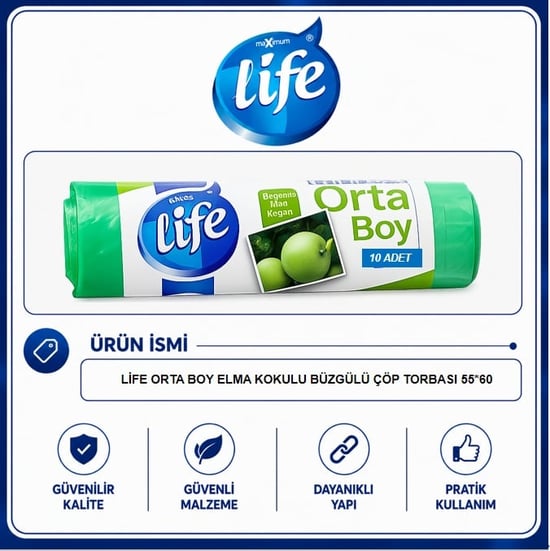 Life Elma Kokulu Orta Boy Büzgülü Çöp Torbası 10'lu