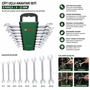 Bosch-1 600 A03 Hm8 ( 531 ) ( 8pcs ) Ağzı Açık Anahtar Seti ( 6/7 - 8/9 - 10/11 - 12/13 - 14/15 - 16/17 - 18/19 - 20/22 )