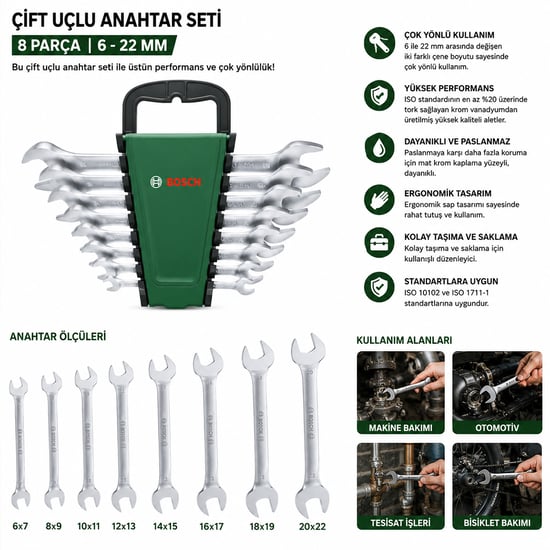 Bosch-1 600 A03 Hm8 ( 531 ) ( 8pcs ) Ağzı Açık Anahtar Seti ( 6/7 - 8/9 - 10/11 - 12/13 - 14/15 - 16/17 - 18/19 - 20/22 )
