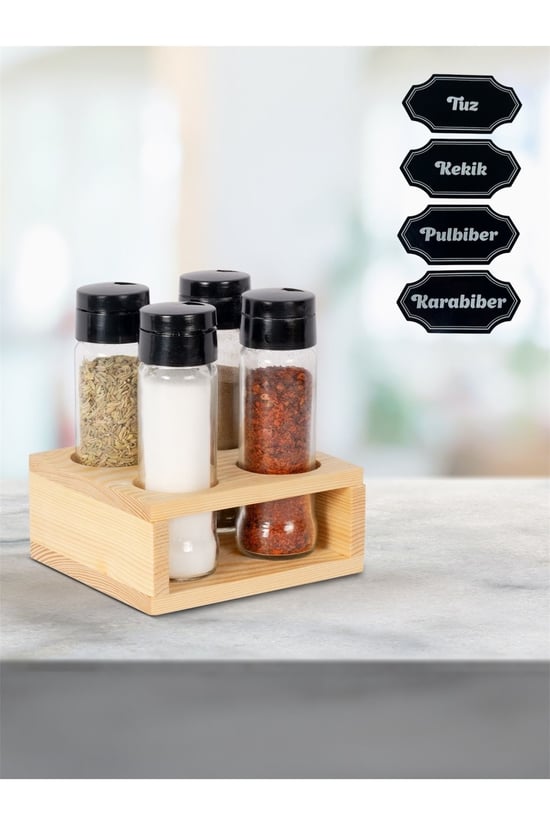 Hillcap 4'lü Ahşap Standlı Baharatlık Seti Etiket Hediyeli