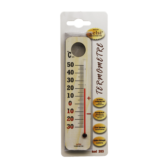 Celsi-203 ( Ahşap & Küçük= 3.5 X 15cm ) ( Derece ) ( Oda Termometresi ) ( İç / Dış )( Kurşun ve Civa İçermez )