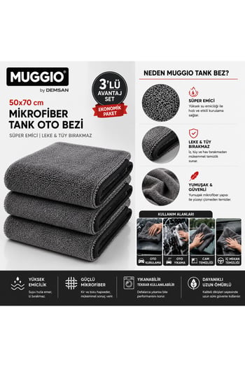 Molto 50x70 Mikrofiber Oto Yıkama & Kurulama Bezi 3'lü Avantaj Seti | Süper Emici, İz Tüy Hav Bırak