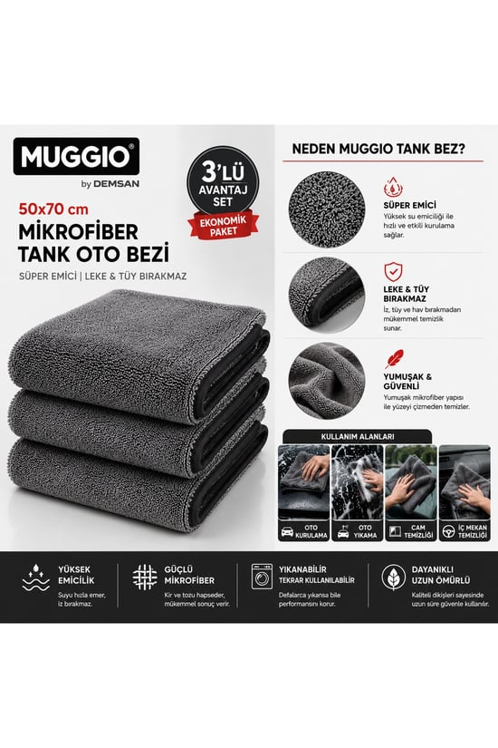 Molto 50x70 Mikrofiber Oto Yıkama & Kurulama Bezi 3'lü Avantaj Seti | Süper Emici, İz Tüy Hav Bırak