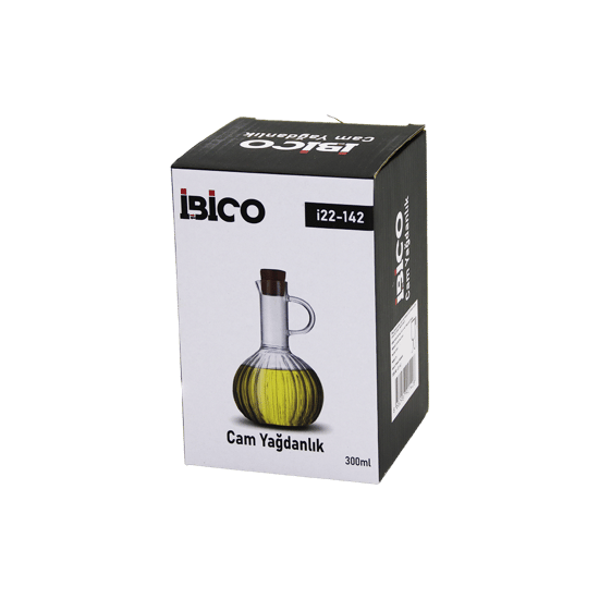 İ22-142 ( Mini ) ( Cam ) Yağdanlık ( Çizgili Desen ) ( 300ml ) ( Ahşap Bambu Mantar Tıpa )