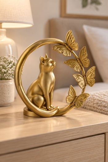 Kelebeklerle Çevrili Zarif Kedi Figürlü Dekoratif Biblo Altın