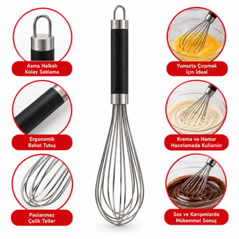 İ22-062 ( 35cm ) ( Lüx & Kalın ) ( Siyah Silikon Kaplı Krom Sap ) Çelik Metal Çırpıcı ( Çırpıcı: 21.5cm + Sap: 13.5cm )