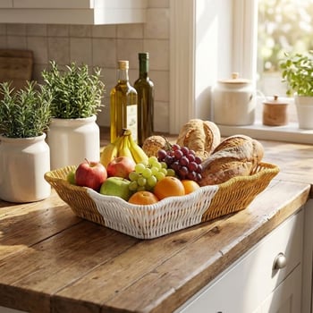 BUFFER® Dikdörtgen Çift Renkli Plastik Rattan Ekmek ve Meyve Sepeti - Çok Amaçlı Banyo ve Mutfak Düz