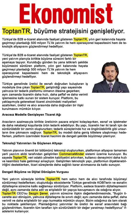 ToptanTR’nin Büyüme Stratejisi Ekonomist’te Yer Aldı