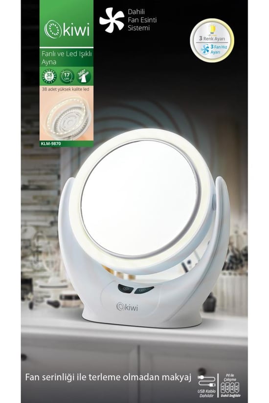 Kiwi Klm-9870 Şarjlı, Fanlı, Ayarlanabilir Led İşıklı Makyaj Aynası