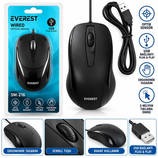 Everest Sm-216 ( Kablolu Usb & Işıklı ) ( Siyah ) Optical Mouse ( 1200 Dpi )