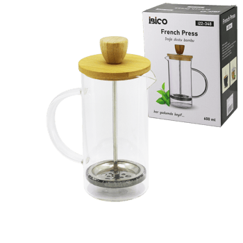İ22-348 French Press ( Bambu Kapak) ( 600ml ) ( Cam ) Bitki Süzgeçi