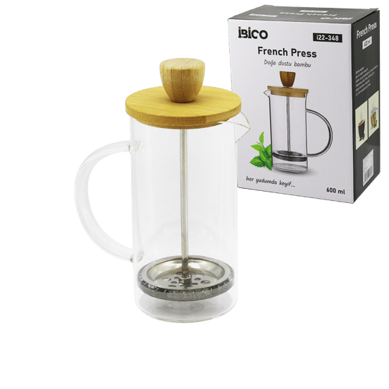 İ22-348 French Press ( Bambu Kapak) ( 600ml ) ( Cam ) Bitki Süzgeçi