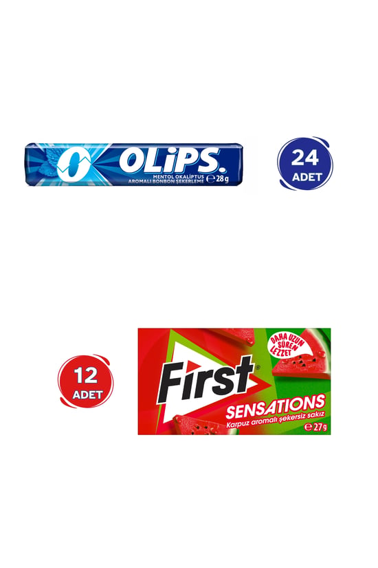 First Sensations Karpuz Aromalı Sakız (27gr x 12 Adet)- Olips Mentol Okaliptüs Şekerleme 24'lü Paket (28gr x 24 Adet) - Avantajlı First Olips Paketi