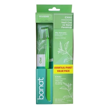 Banat Yeşil Çay ve Nane Ferahlığı Diş Fırçası (medıum) + Diş Macunu 50 Ml Set