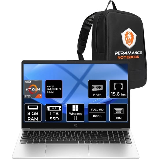 Hp 255r G10 Ryzen 7 7735u 8gb Ram 1tb Ssd 15.6" Fhd Win11 Pro D30m1etpn393 Notebook + Per4 Çanta