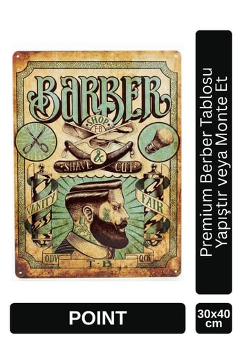 Point Barber Shop Kuaför Salonu için Parlak Metal Tablo 30x40 Cm Pctr-2005