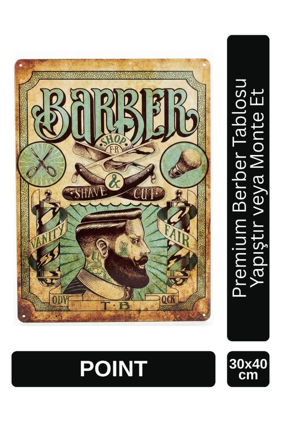Point Barber Shop Kuaför Salonu için Parlak Metal Tablo 30x40 Cm Pctr-2005