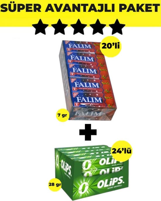 Falım Çilek Aromalı Sakız (5'li X 20 Adet)- Olips Nane Şekerleme 24'lü Paket (28gr X 24 Adet) - Avantajlı Falım Olips Paketi