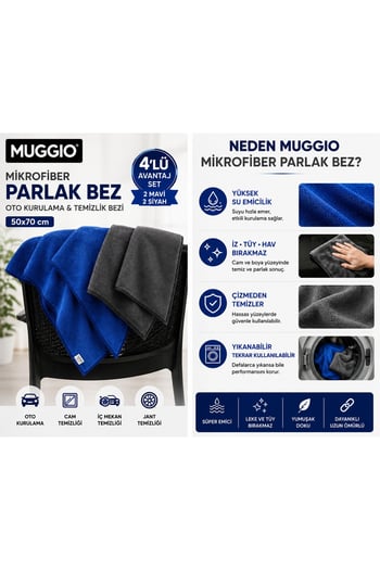 Molto 50x70 Mikrofiber Parlak Bez 4'lü Avantaj Seti | Oto Kurulama & Temizlik Bezi, Süper Emici, İz