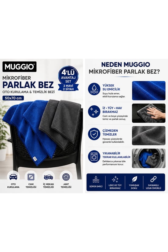 Molto 50x70 Mikrofiber Parlak Bez 4'lü Avantaj Seti | Oto Kurulama & Temizlik Bezi, Süper Emici, İz