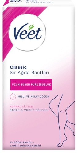 Veet Classic Sir Ağda Bantları Tüm Ciltler Bacak & Vücut 12 Adet Bant + 2 Adet Temizlik Mendili