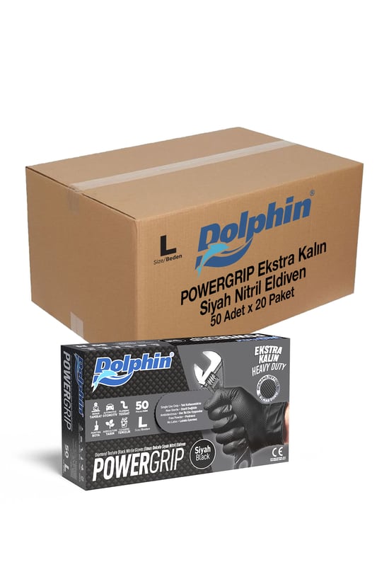 Dolphin Powergrip Ekstra Kalın Siyah Nitril Eldiven L Beden 50 Adet