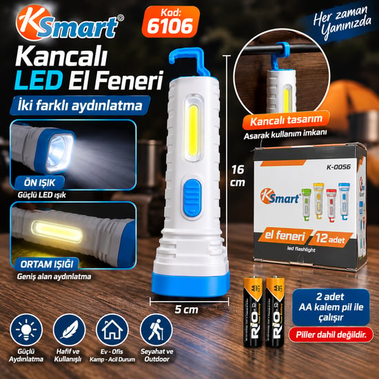 Hagiki Pilli Led Fener Kancalı Çift Işıklı K6106