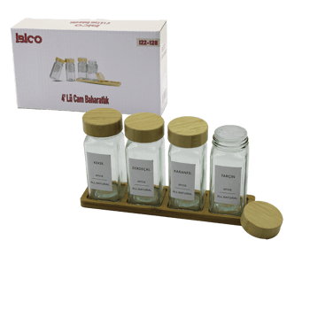 İ22-128 ( 4pcs ) ( Bambu Kapaklı ) ( Cam ) Tuzluk & Biberlik & Baharatlık ( 120ml )