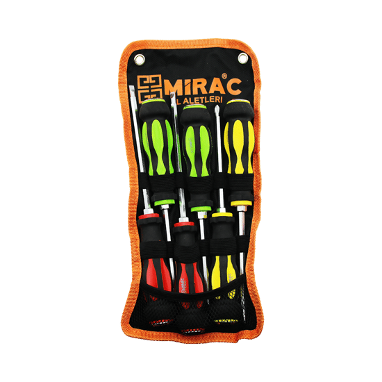 Mirac ( Bez Askı Standlı ) ( Renkli & Kauçuk Kaplama Saplı ) ( Darbeli ) ( 6lı Set ) ( 2in1=çift Taraflı Uç ) Tornavida Seti Takım ( Yıldız-düz )