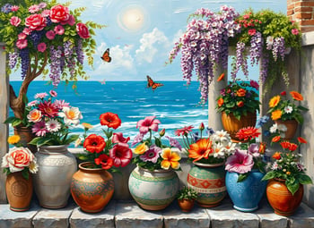 Nova Puzzle 1000 Parça Çiçekli Balkondan Deniz Manzarası Puzzle - Saksıda Renkli Çiçekler
