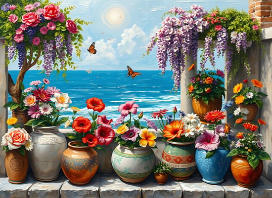 Nova Puzzle 1000 Parça Çiçekli Balkondan Deniz Manzarası Puzzle - Saksıda Renkli Çiçekler