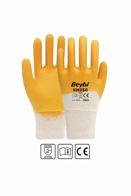 Beybi Kn350 Sarı Pamuk Nitril İş Eldiveni 10 Beden 12 Çift
