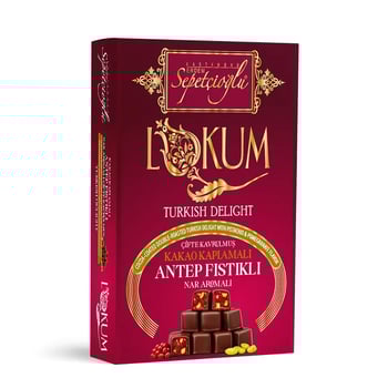 Kastamonu Meşhur Sepetçioğlu Kakao Kaplamalı Antep Fıstıklı Nar Aromalı Çifte Kavrulmuş Lokum 200g