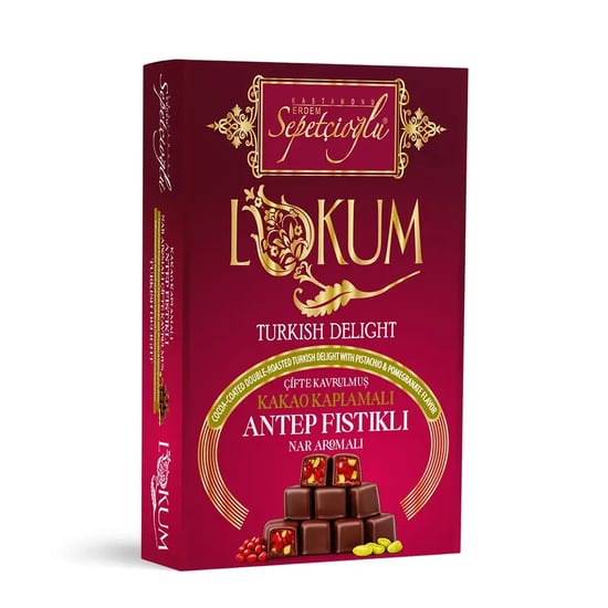 Kastamonu Meşhur Sepetçioğlu Kakao Kaplamalı Antep Fıstıklı Nar Aromalı Çifte Kavrulmuş Lokum 200g