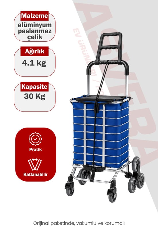 Asvera Merdiven Çıkan Pazar Arabası 3 Tekerlekli Katlanır Market Arabası