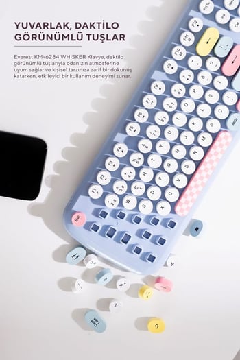 Everest KM-6284 WHISKER Renkli Tuşlu Mavi Kablosuz Q Klavye + Mouse Set