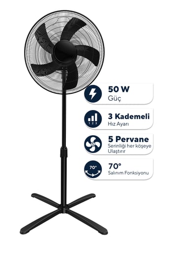 Kumtel Siyah 16 İnç Ayaklı Vantilatör 50 W, 5 Pervaneli, 3 Kademeli, 121 Cm Yükseklik