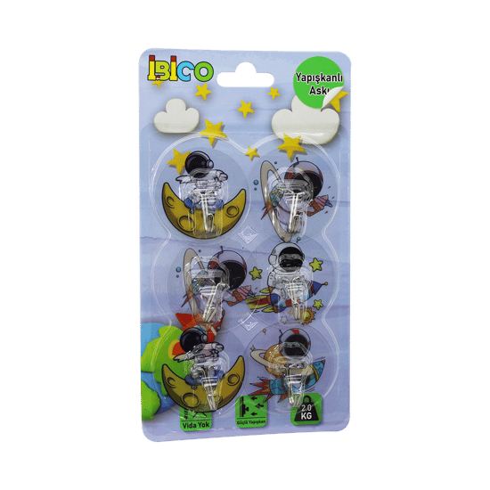 İ17-004 ( 6pcs ) ( Astronot Resimli ) ( Metal Uçlu ) ( Şeffaf Pvc Yapışkanlı ) Askı ( 2kg.taşıma )
