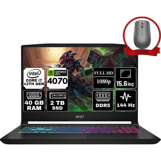 MSI Msı Katana 15 Intel Core I7 13620H 40GB 2tb SSD RTX4070 Freedos 15.6" Fhd 144Hz Taşınabilir Bilg