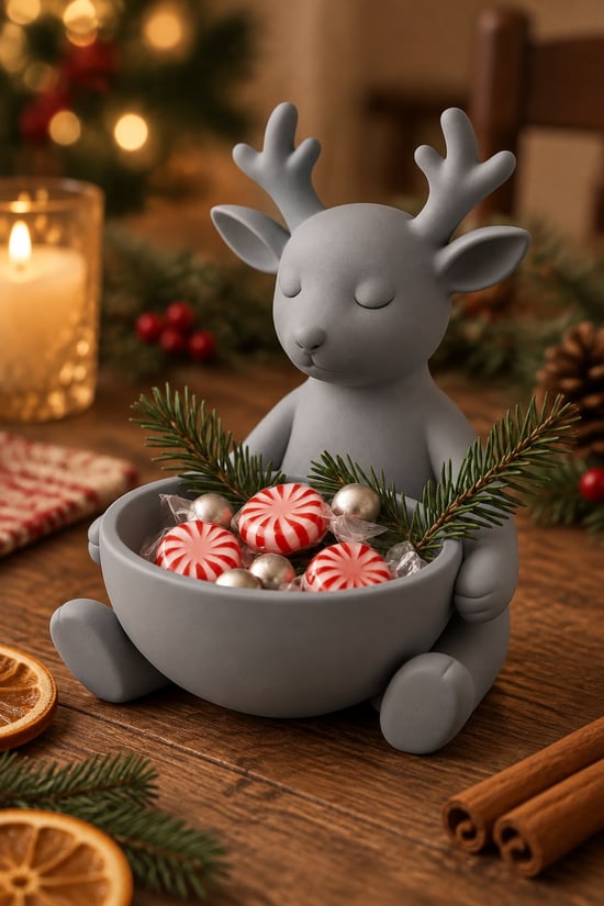 Ren Geyiği Figürlü Çok Amaçlı Kase – Noel Sunum Kabı Gri