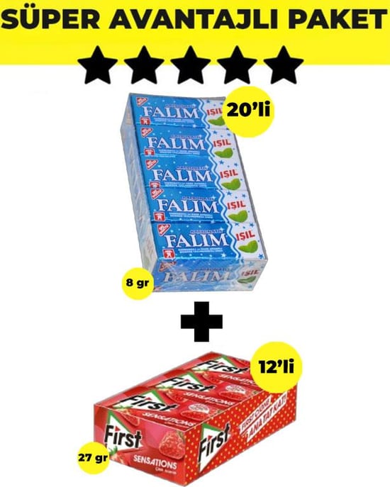 Falım İşıl Karbonatlı & Nane Aromalı Sakız (5'li X 20 Adet)- First Sensations Çilek Aromalı Sakız (27gr X 12 Adet) - Avantajlı Falım First Paketi