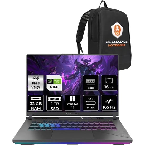 Asus Rog Strix G16 İ9 14900hx Rtx 4060 Gaming Laptop 32gb Ram 2tb Ssd 16" Fhd+ 165hz Win11 Pro + Per