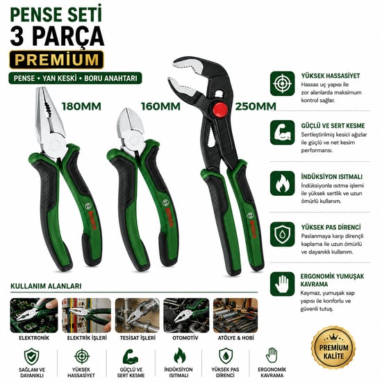 Bosch-1 600 A02 W7j ( 427 )( 3pcs ) Premium Pense Seti ( 10" Papağan Pense & 7" Pense - 6" Yan Keski ) ( 60 ± Kesme Sertlik )