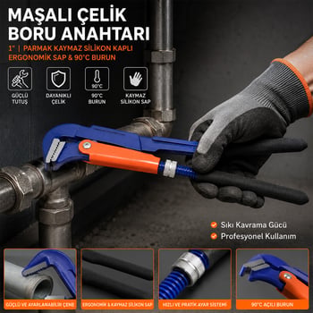 Hcs Proline Cr-v ( 1" Parmak ) Maşalı Çelik Boru Anahtarı ( Silikon Kaplı Ergonomik Sap & 90°c Burun )