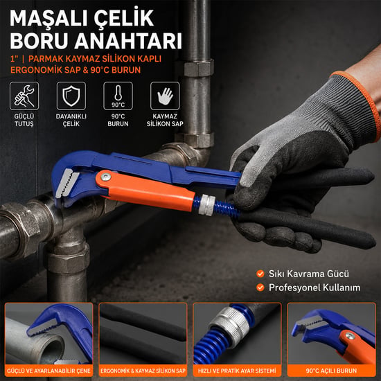 Hcs Proline Cr-v ( 1" Parmak ) Maşalı Çelik Boru Anahtarı ( Silikon Kaplı Ergonomik Sap & 90°c Burun )